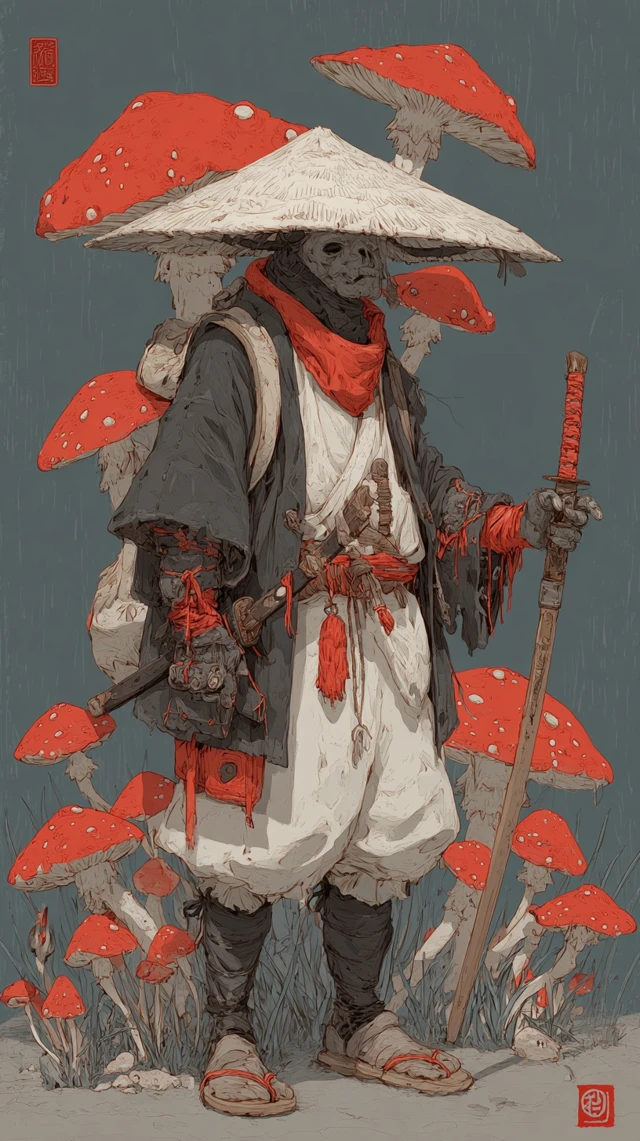 Mushroom Samurai Warrior in Japanese Dark Anime Style