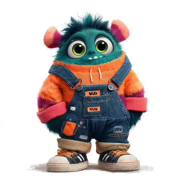 Cute Cartoon Monster in Overalls Smiling and Friendly