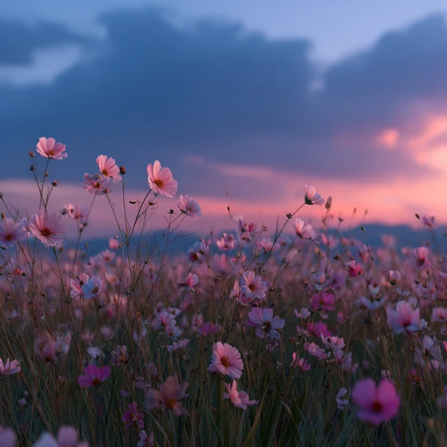 Flowers in Field Sunset Melodic Emotions 4K