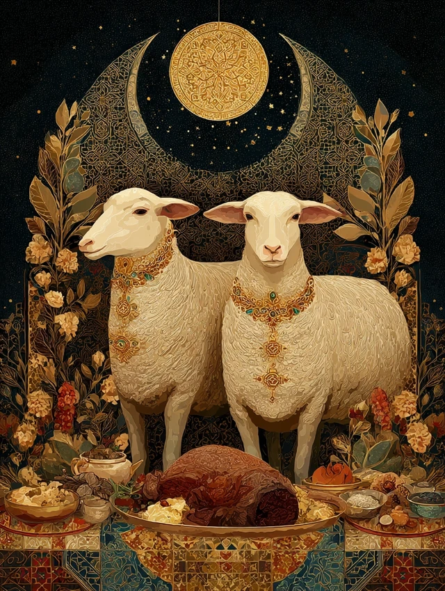 Eid al Adha Celebration Sheep with Jewels and Food