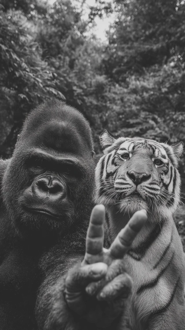 Gorilla and Tiger Making Peace Signs Jungle Selfie