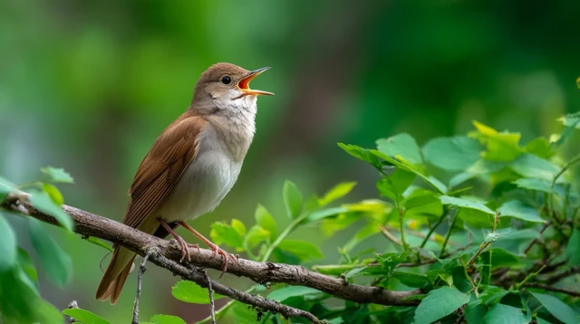 Nightingale Bird Perched on Branch in Nature