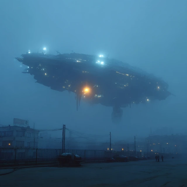 Alien Ship Floating Above Foggy Steel Landscape