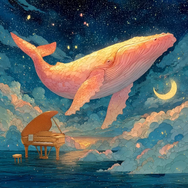 Dreamy Whale Soaring in the Sky Watercolor Illustration