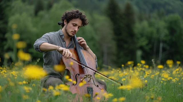 Man Playing Cello in Meadow Serene Music and Nature