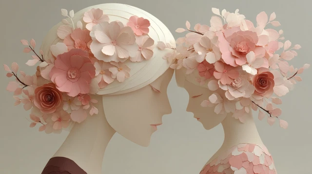 Mother and Child Paper Art with Pink Flowers