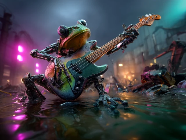Biomechanical Frog Bassist in Toxic Swamp
