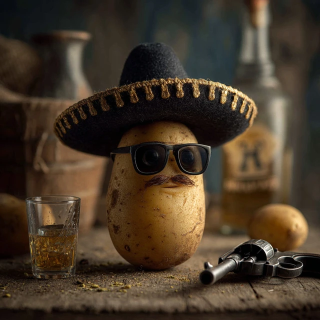 Mexican Potato Funny with Sombrero Glasses and Tequila