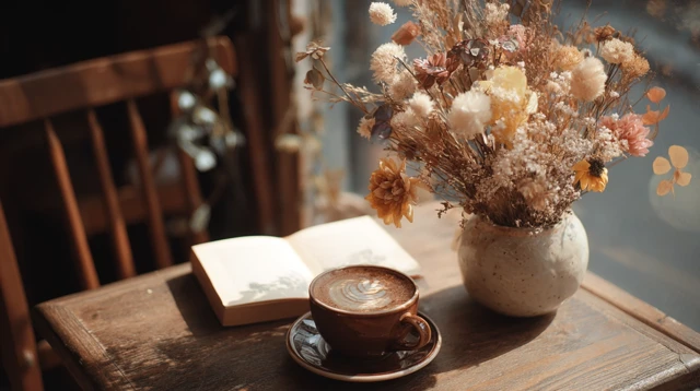 Cozy Cafe Scene Latte Book Dried Flowers