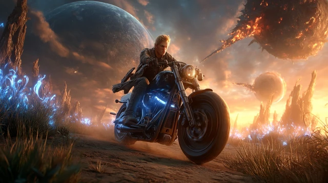 Futuristic Warrior on Motorbike Alien Planet 3D Render
