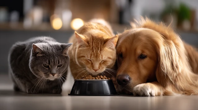 Happy Pets Cats and Dogs Eating in Kitchen