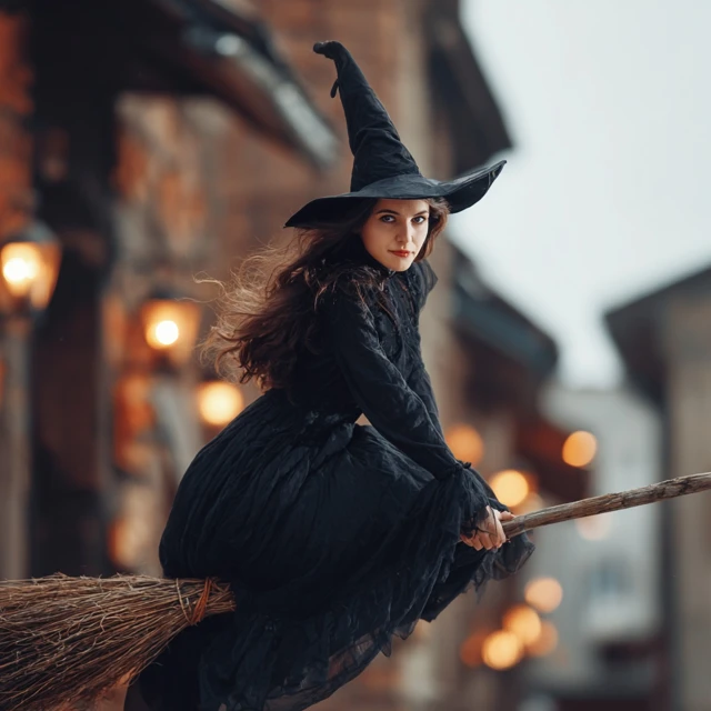 Happy Witch in Black Dress and Hat Halloween