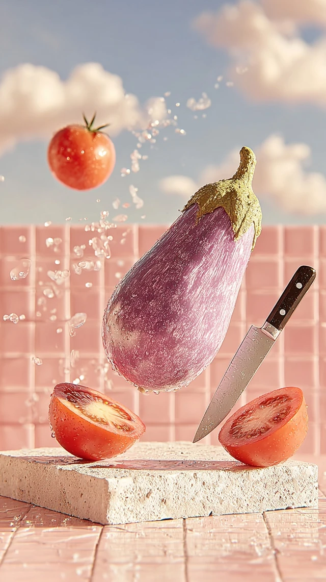 Eggplant Tomato Knife Food Photography