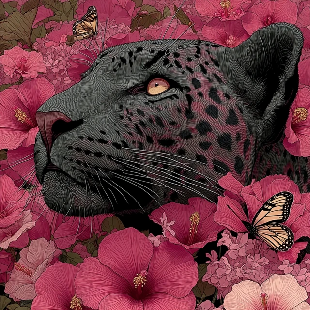 Pink Leopard in Flowers Surrealist Art