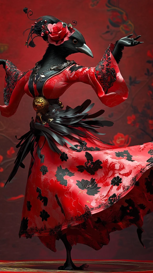 Dancing Crow in Red Dress Black Flowers