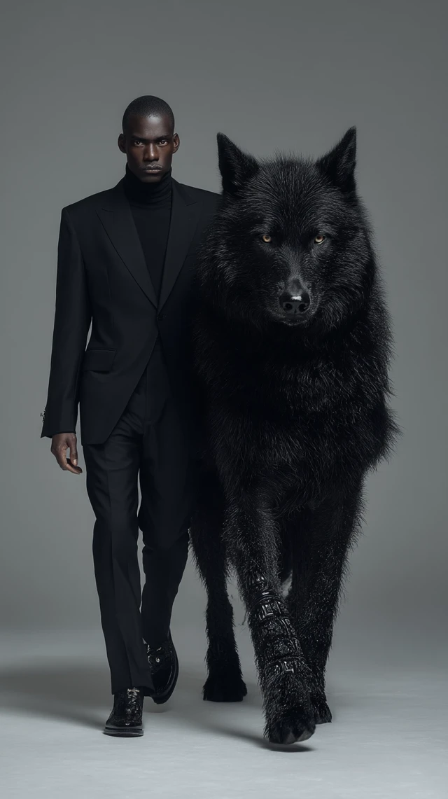 Man and Wolf in Black Balenciaga: Hyperrealistic Portrait