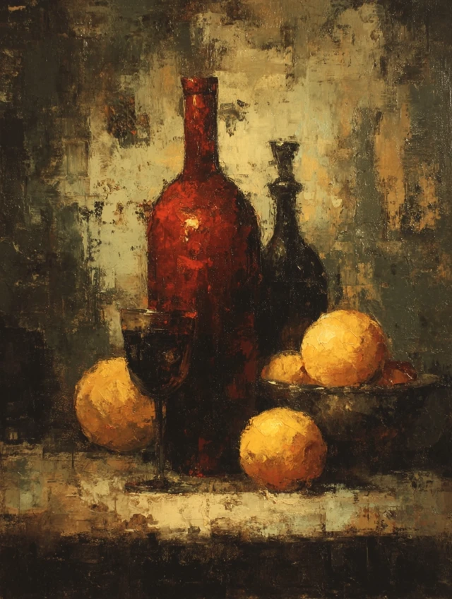 Abstract Still Life Painting of Fruit and Bottles