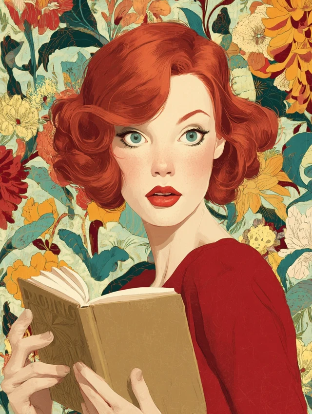 Vintage Woman Reading Book Floral Background