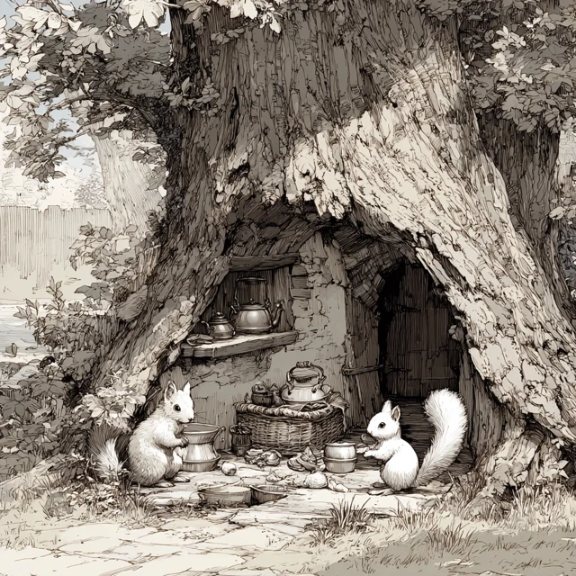 Squirrels Home in a Tree Hollow Whimsical Illustration
