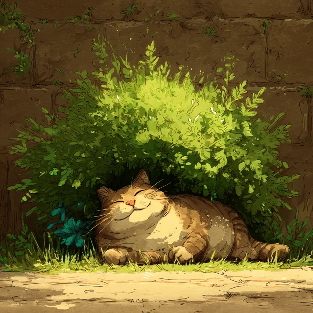 Chubby Cat Napping in Ghibli Style