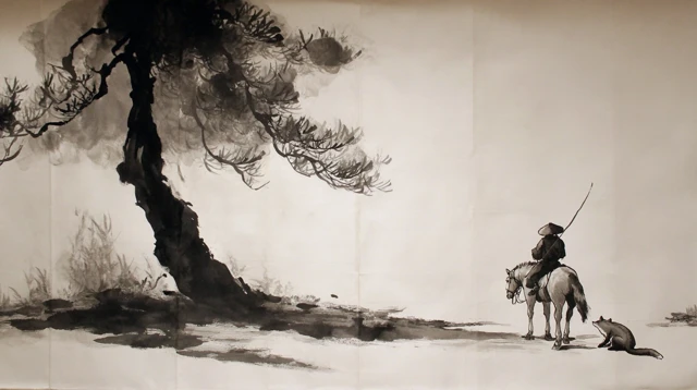 Ink Wash Painting Horse Rider and Fox