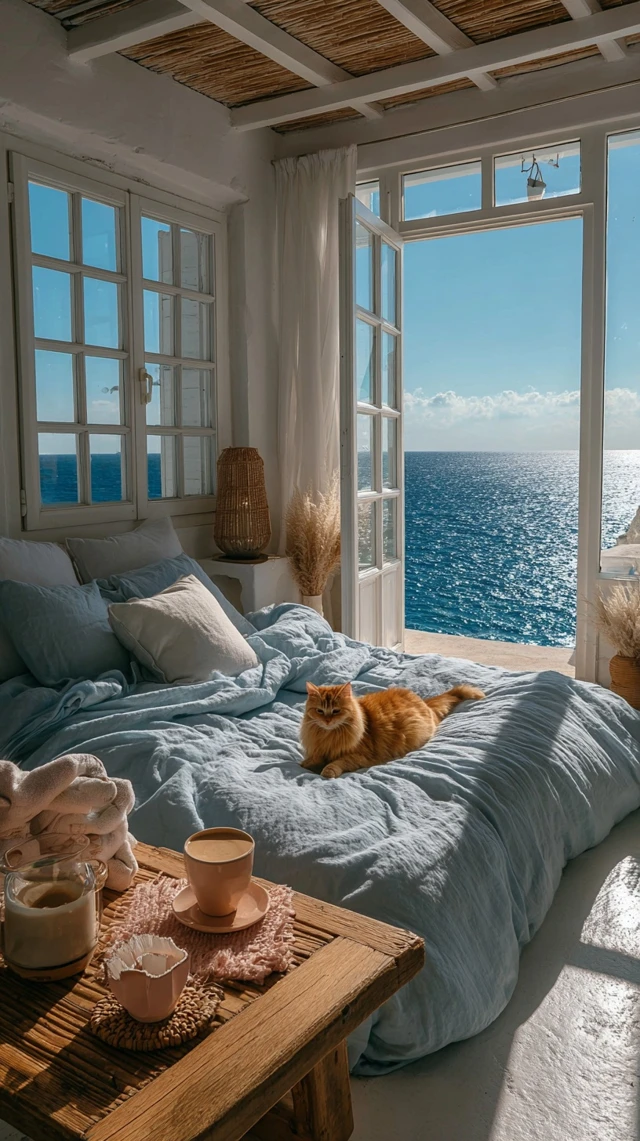 Cozy Bedroom with a Cat and Ocean View