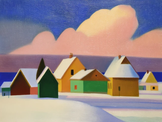 Snowy Village Painting Morning Sunrise Sky