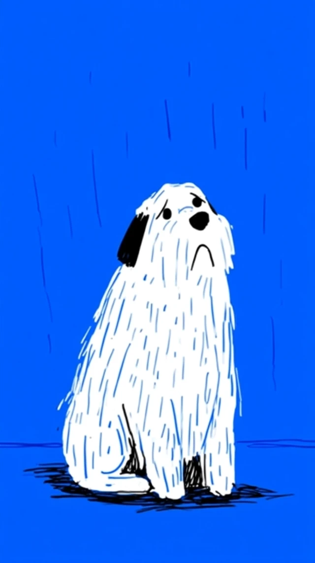 Sad Puppy Illustration Minimalist Blue Background