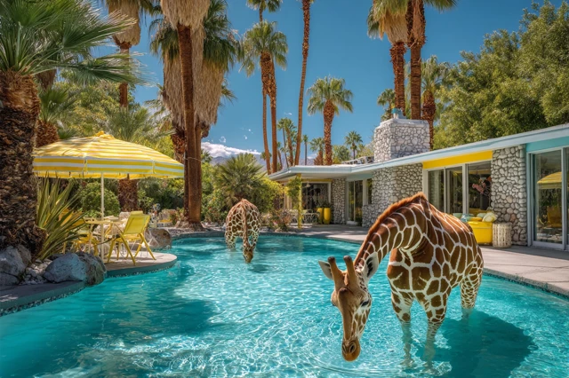 Giraffes Palm Springs Poolside Surreal Scene