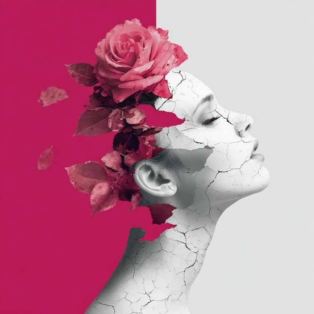 Abstract Woman Face with Rose and Cracks Art