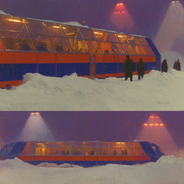 Derelict Futuristic Train Stranded in Snow