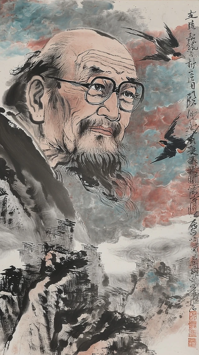 Ink Wash Portrait Elderly Man and Landscape Painting