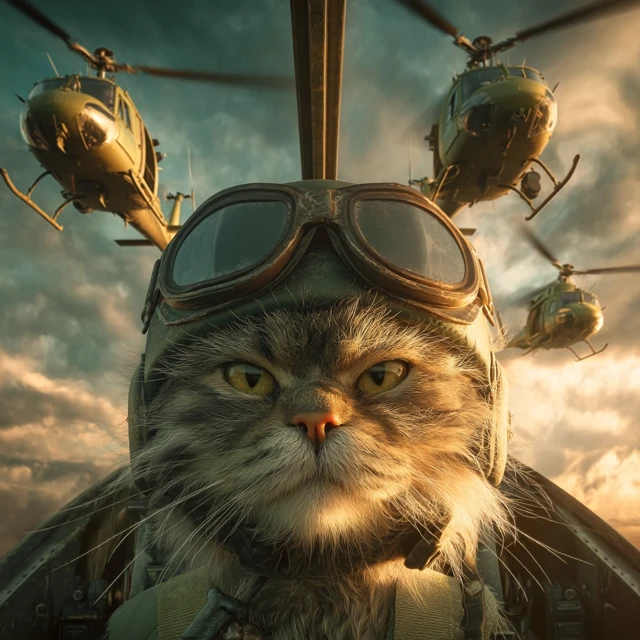 Angry Cat Pilot in Helicopter Action Scene