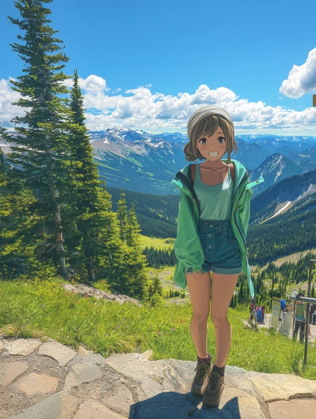 Anime Girl Smiling in Mountains - Summer Scene