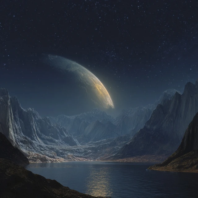 Alien Mountain Landscape at Night with Planet