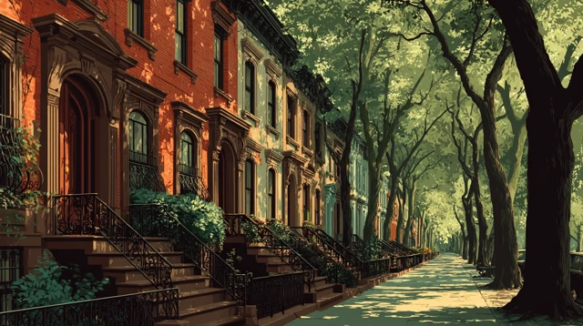 Wes Anderson Brownstones on Tree-Lined Street