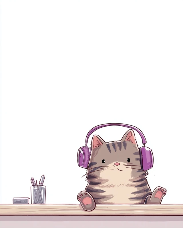 Cute Tabby Cat With Headphones 2D Illustration