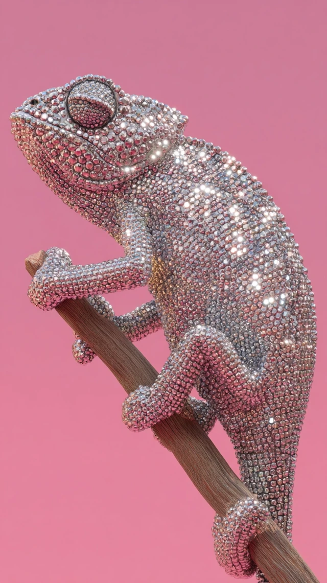 Disco Ball Chameleon On Branch Photorealistic Art