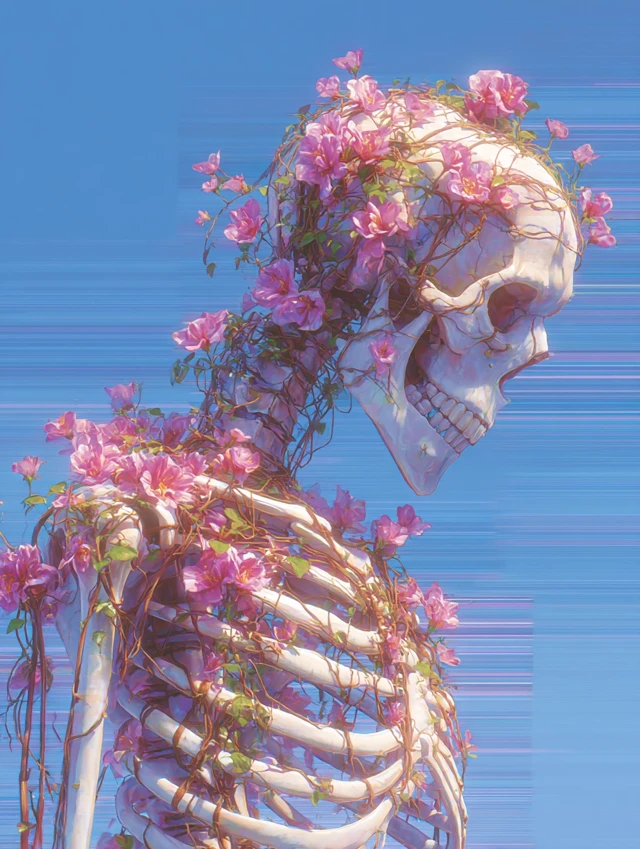 Ethereal Skeletons in Love Pink Flowers and Glitches
