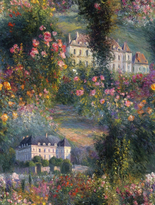 Autumn Sunset Impressionist Painting of Castle and Flowers