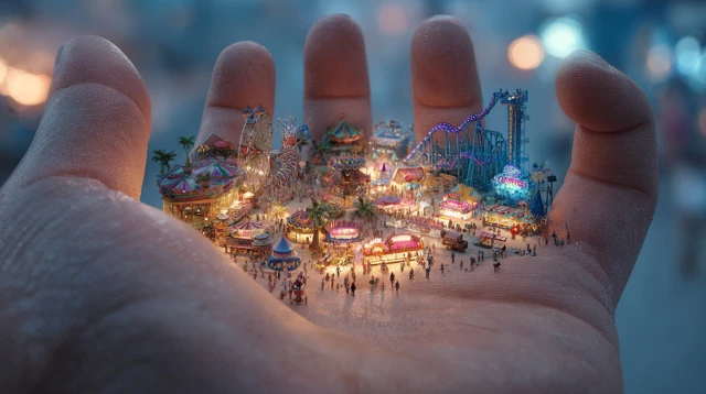 Miniature Theme Park in Hand Surreal Illustration