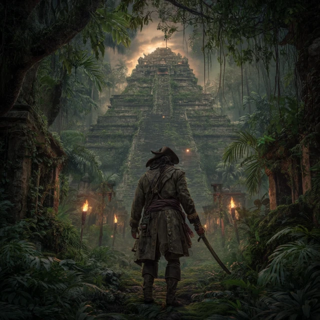 Pirate and Aztec Pyramid Adventure Fantasy Art