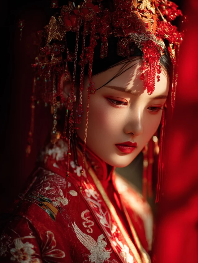 Elegant Woman in Red Wedding Dress