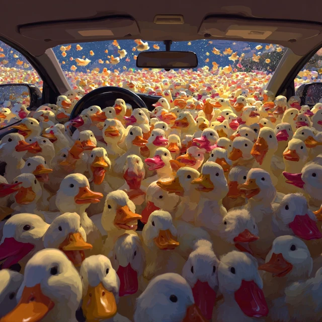 Ducks in a Car A Surreal Overflowing Scene