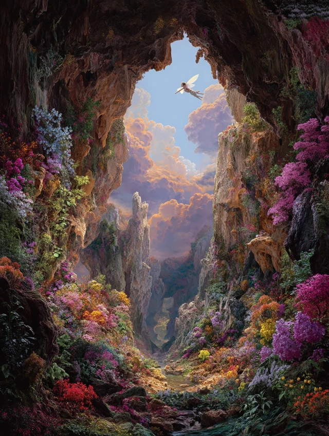 Dreamy Karst Cave Fairy Wings and Colorful Flowers