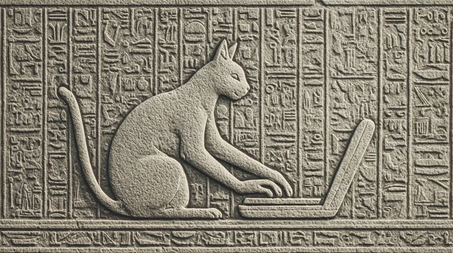 Hieroglyphic Cat Typing on a Laptop