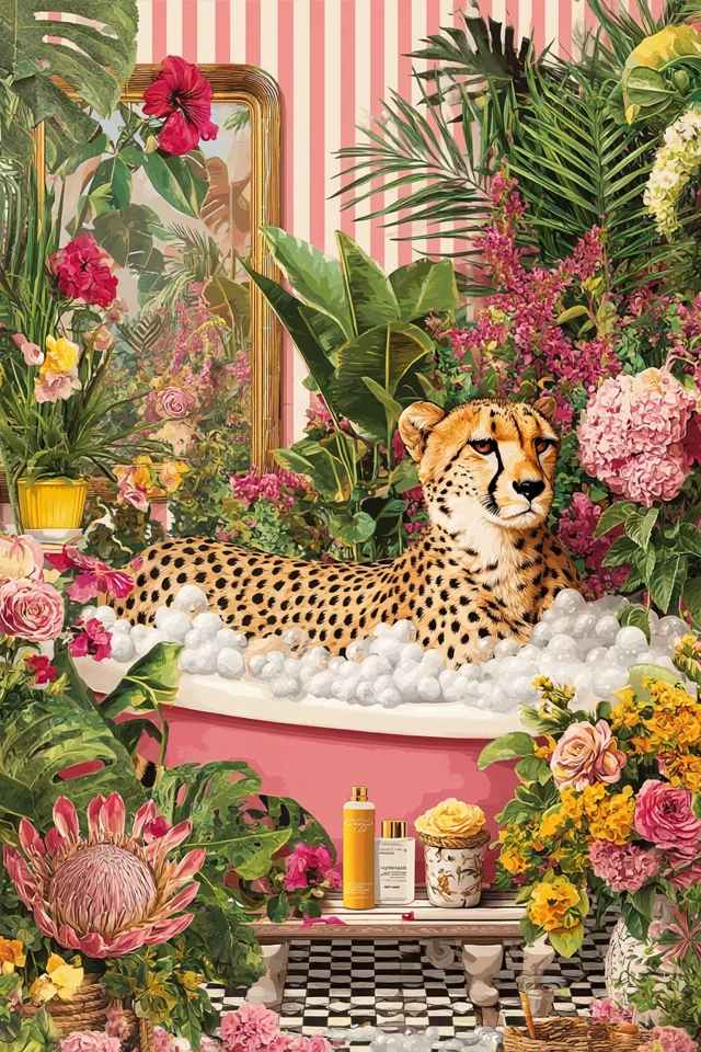Cheetah in a Bath Illustration Jungle Flowers Boho Stripes