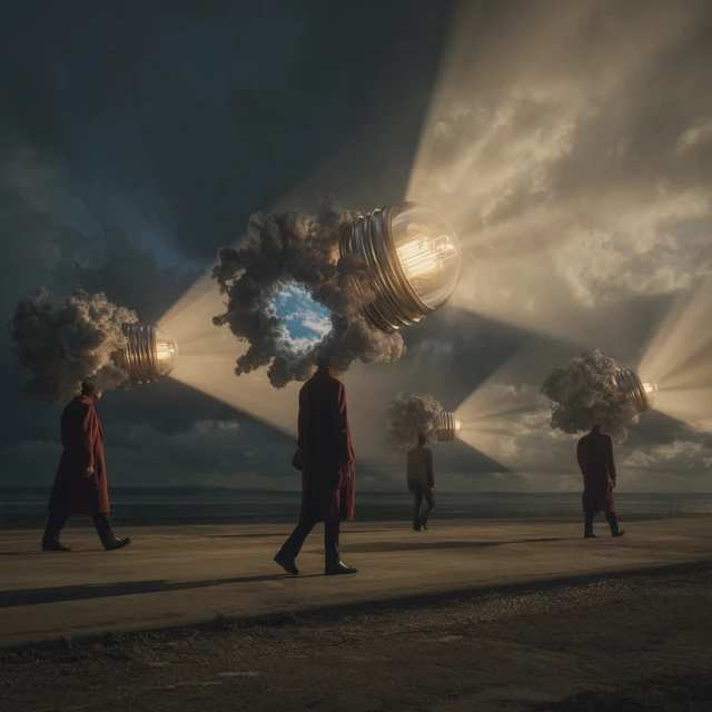 Surreal Road: People with Light Beams in a Stormy Sky