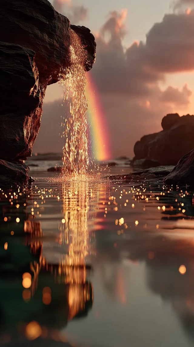 Rainbow Waterfall Scene: Pastel Sky, Golden Sunlight, Peaceful View