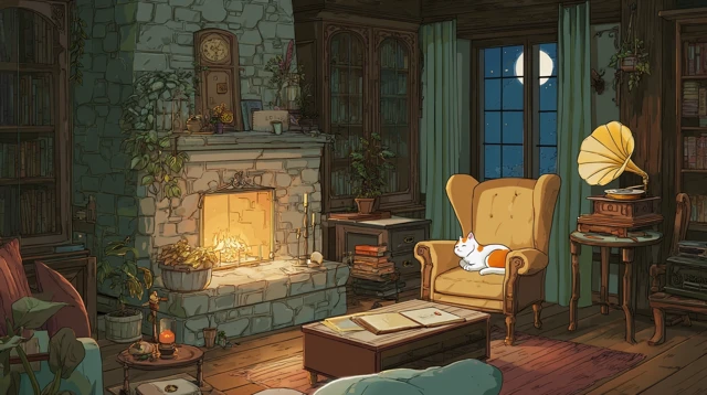 Cozy Vintage Living Room Anime Style
